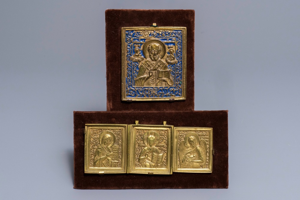 Two Greek and Russian brass icons, 19/20th C.